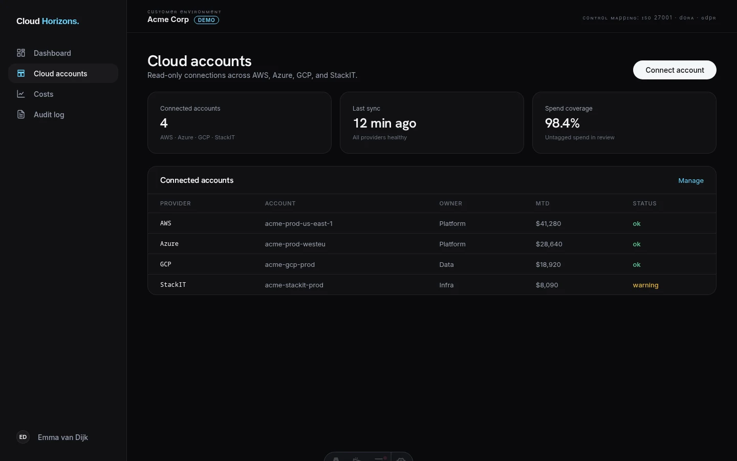 Cloud Horizons cloud accounts screen